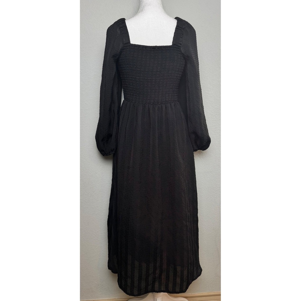 Madewell Black Smocked Sweetheart Midi Dress Long Balloon Sleeve CKP469205424 M